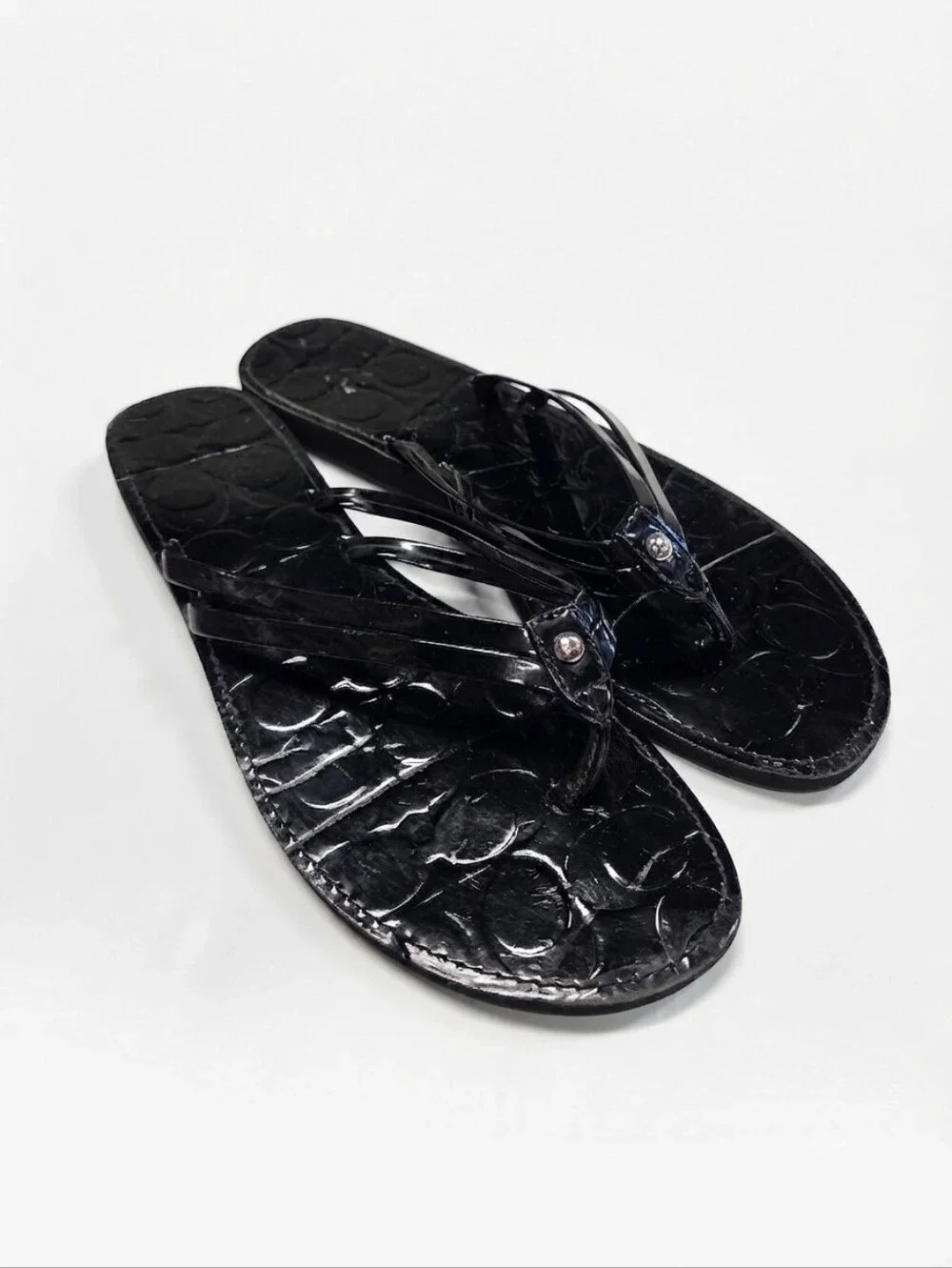 Coach Black Signature Patent Leather Thong Sandals Flip Flops Women's Size 8 - 8